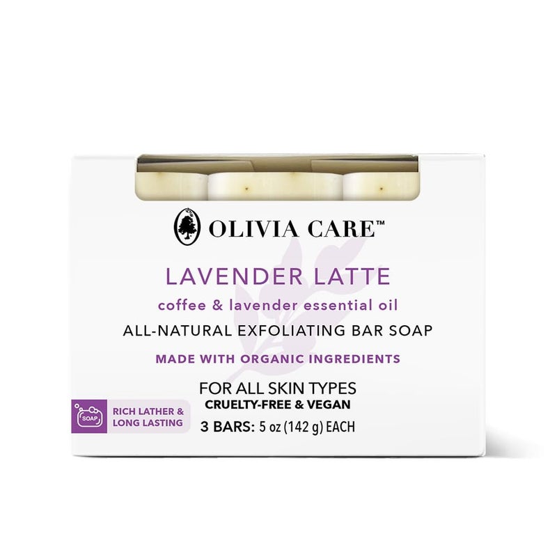 Olivia Care Exfoliating Bar Soap Lavender Latte 3 Pack Natural, Organic. Infused with Coffee Bean & Lavender Essential Oil - 3 X 5 OZ - Image 1
